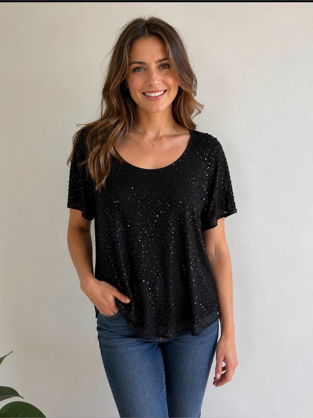 Talbots Black Short Sleeve Sequin Tee